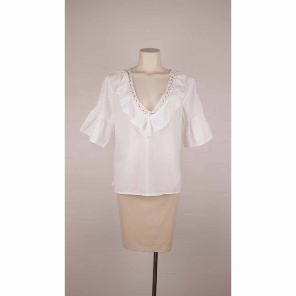 Creme hvid bluse m flser/blonde bomuld str. L (21)